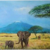 Éléphants en savane (huile sur toile 80x 40 cm)