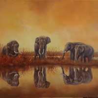 Elephants-asie-au-point-deau-soir-61-x46-cm-huile