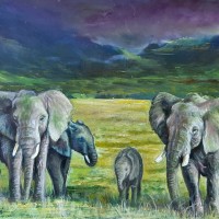 Elephants-soir-savane-huile-